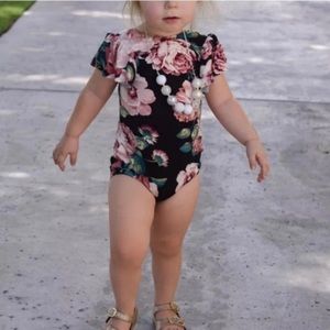 Black Floral Romper With Short Bell Sleeves